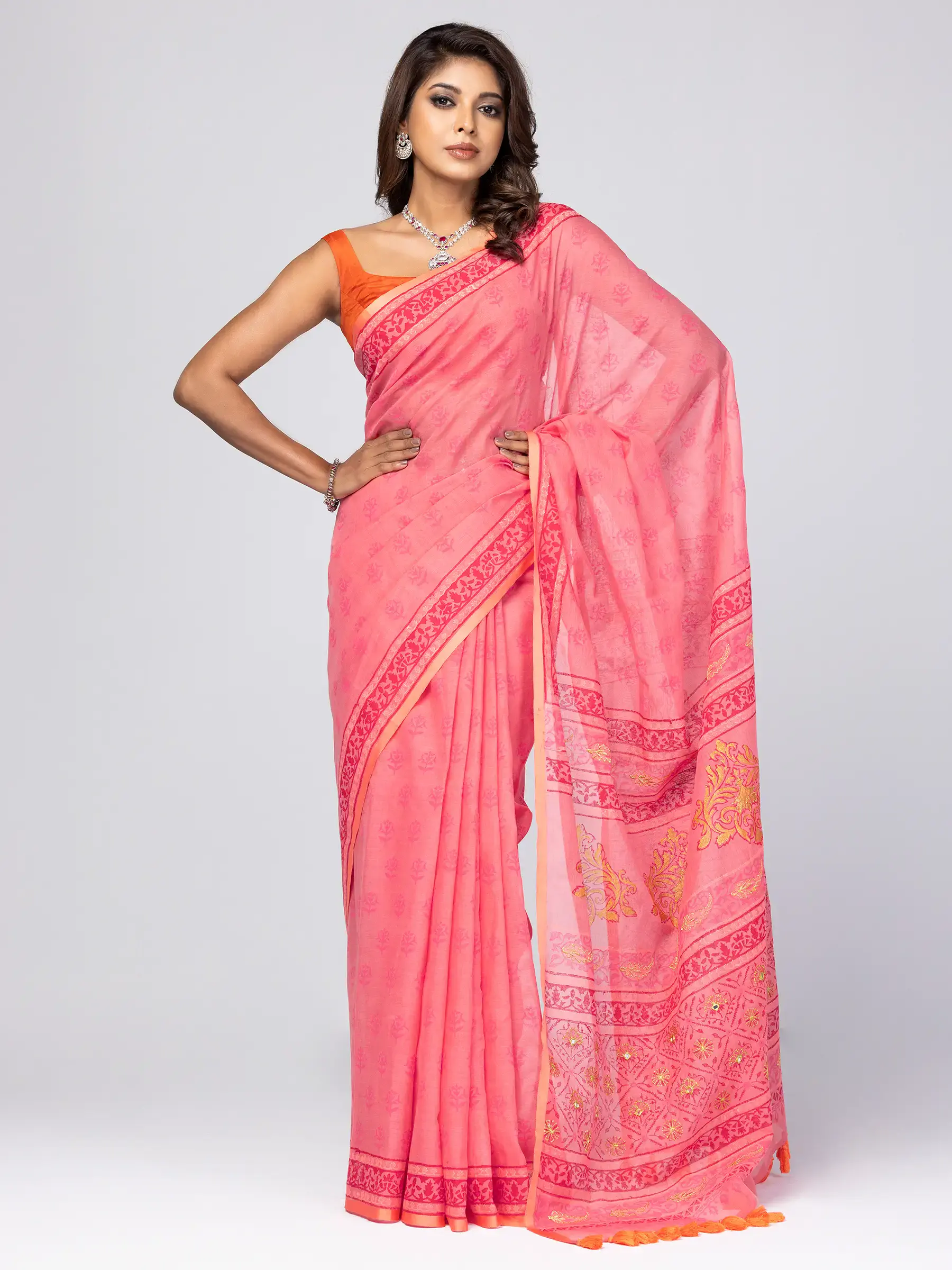 Watermelon Pink Printed and Embroidered Cotton Saree
