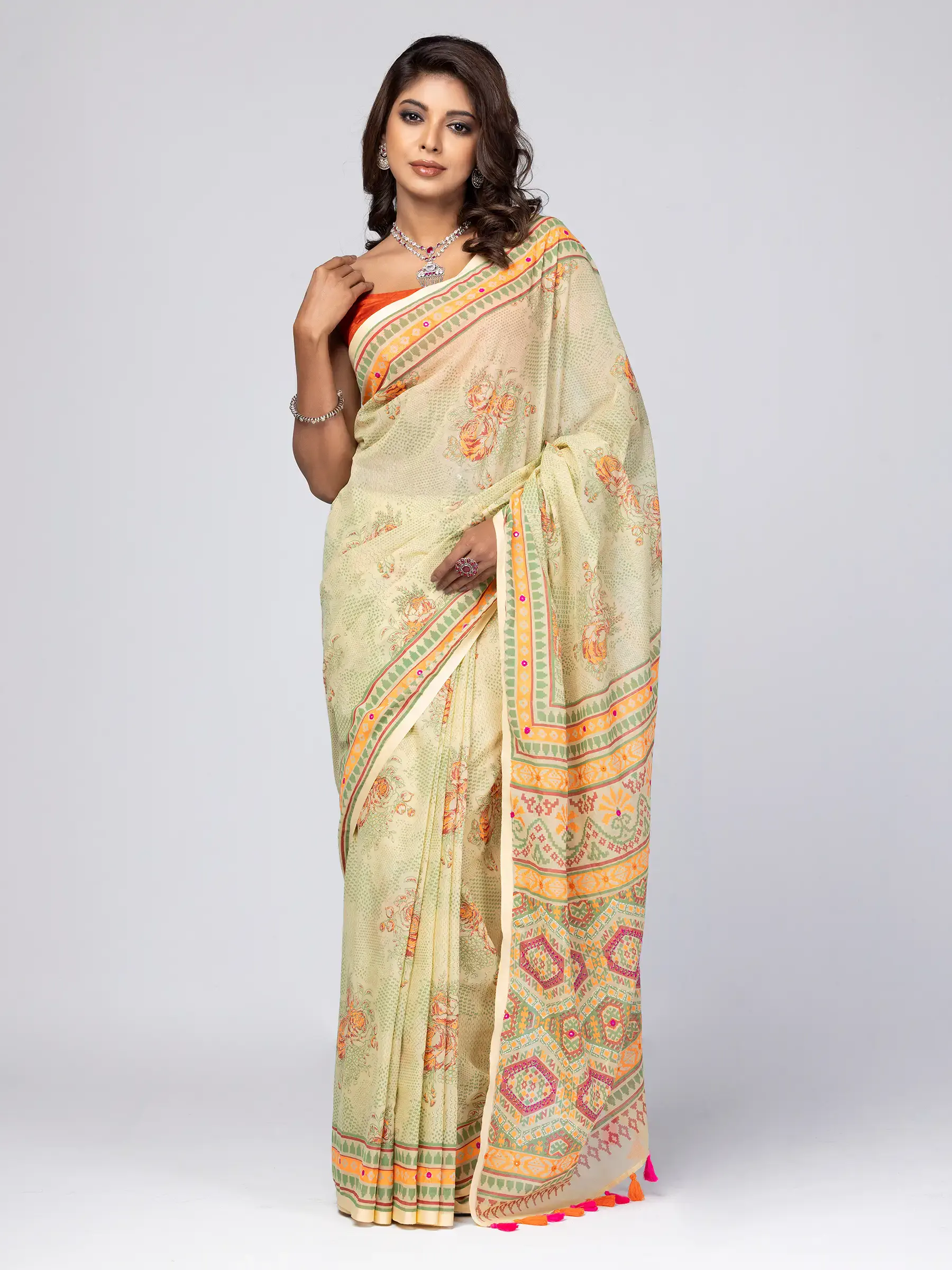 Beige Printed and Embroidered Cotton Saree